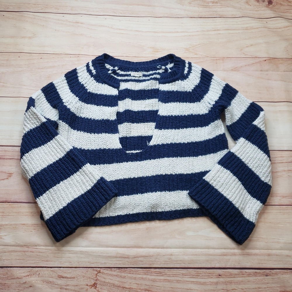 Pilcro Sweater Womens M‎ Blue Striped Open-Knit Lightweight Crochet Raglan Crop